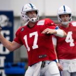 Indianapolis Colts quarterback Philip Rivers (17) drops back to pass Wednesday, Dec. 10, 2025, during practice at the Colts training facility in Indianapolis.
