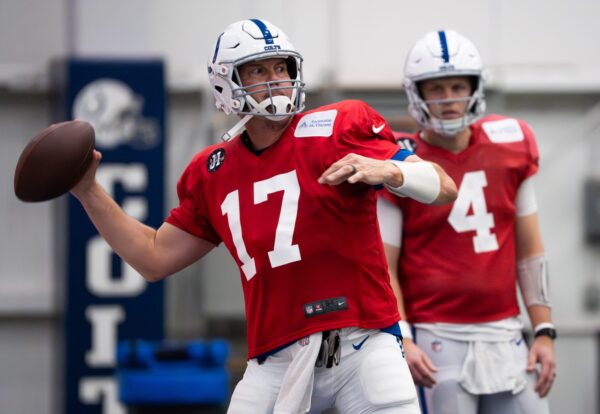 Indianapolis Colts quarterback Philip Rivers (17) drops back to pass Wednesday, Dec. 10, 2025, during practice at the Colts training facility in Indianapolis.