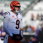 Dec 14, 2025; Cincinnati, Ohio, USA; Cincinnati Bengals quarterback Joe Burrow (9) warms up before the game against the Baltimore Ravens at Paycor Stadium. Mandatory Credit: Joseph Maiorana-Imagn Images