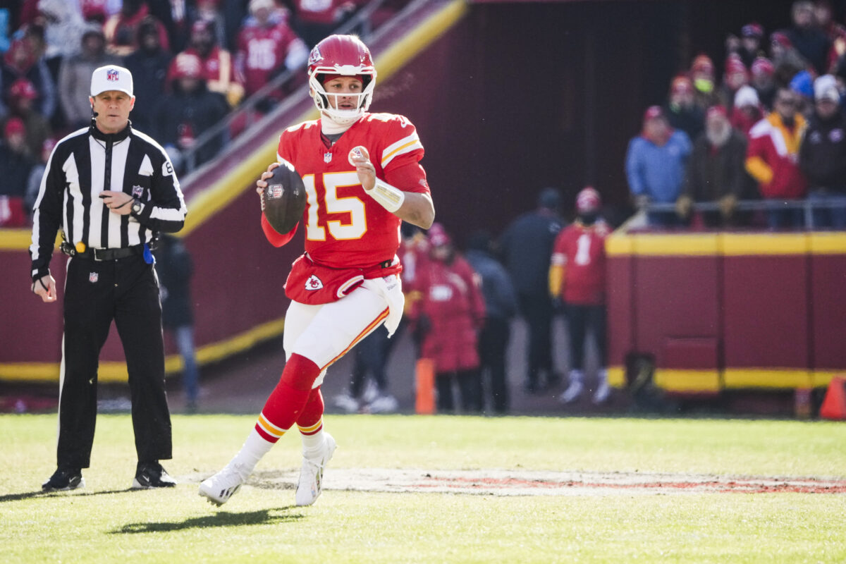 Dec 14, 2025; Kansas City, Missouri, USA; Kansas City Chiefs quarterback Patrick Mahomes (15) looks to pass against the Los Angeles Chargers during the first quarter at GEHA Field at Arrowhead Stadium. Mandatory Credit: Denny Medley-Imagn Images