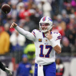 Dec 14, 2025; Foxborough, Massachusetts, USA; Buffalo Bills quarterback Josh Allen (17) passes the ball against the New England Patriots in the first quarter at Gillette Stadium. Mandatory Credit: David Butler II-Imagn Images