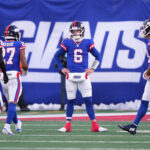 NFL Draft 2026 Dec 14, 2025; East Rutherford, New Jersey, USA; New York Giants quarterback Jaxson Dart (6) looks on during the fourth quarter against the Washington Commanders at MetLife Stadium. Mandatory Credit: Robert Deutsch-Imagn Images