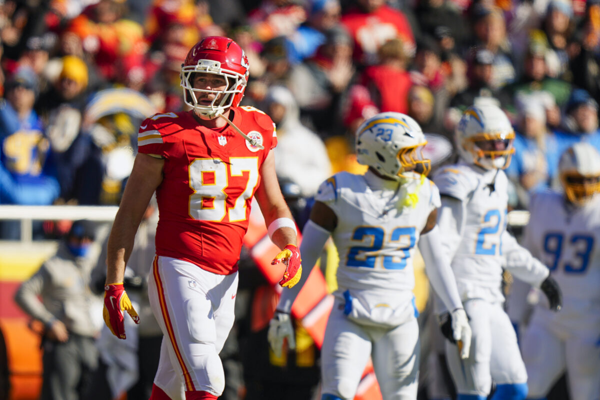 Dec 14, 2025; Kansas City, Missouri, USA; Kansas City Chiefs tight end Travis Kelce (87) reacts after catching a pass against the Los Angeles Chargers during the first quarter at GEHA Field at Arrowhead Stadium. Mandatory Credit: Jay Biggerstaff-Imagn Images