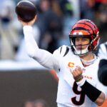Cincinnati Bengals quarterback Joe Burrow (9) throws a pass in the third quarter of the NFL football game between Baltimore Ravens and Cincinnati Bengals at Paycor Stadium in Cincinnati on Dec. 14, 2025.