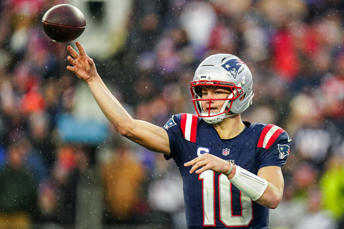 Dec 14, 2025; Foxborough, Massachusetts, USA; New England Patriots quarterback Drake Maye (10) passes the ball against the Buffalo Bills in the second half at Gillette Stadium. Mandatory Credit: David Butler II-Imagn Images