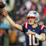 Dec 14, 2025; Foxborough, Massachusetts, USA; New England Patriots quarterback Drake Maye (10) passes the ball against the Buffalo Bills in the second half at Gillette Stadium. Mandatory Credit: David Butler II-Imagn Images