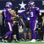 Dec 14, 2025; Arlington, Texas, USA; Minnesota Vikings wide receiver Jalen Nailor (1) celebrates with quarterback J.J. McCarthy (9) after a touchdown catch during the second half against the Dallas Cowboys at AT&T Stadium. Mandatory Credit: Kevin Jairaj-Imagn Images