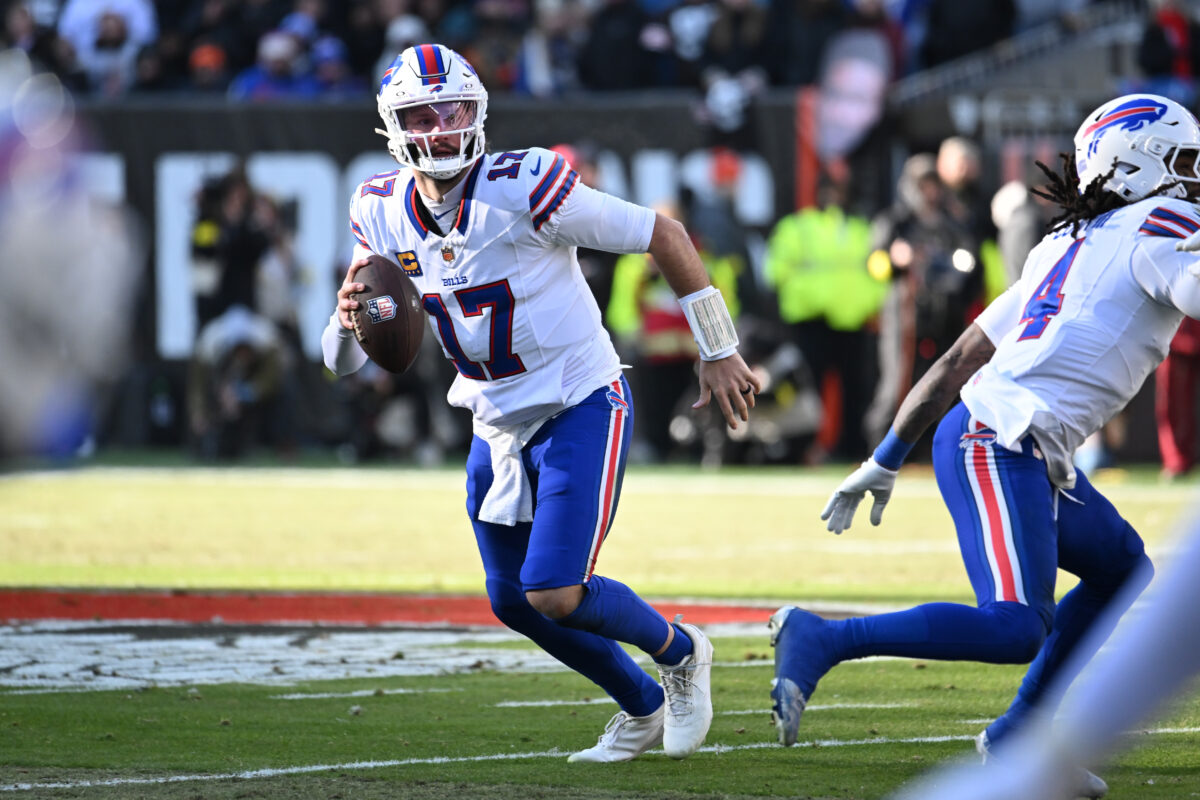 Dec 21, 2025; Cleveland, Ohio, USA; Buffalo Bills quarterback Josh Allen (17) looks downfield against the Cleveland Browns during the first half at Huntington Bank Field. Mandatory Credit: Ken Blaze-Imagn Images