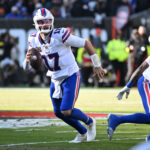 Dec 21, 2025; Cleveland, Ohio, USA; Buffalo Bills quarterback Josh Allen (17) looks downfield against the Cleveland Browns during the first half at Huntington Bank Field. Mandatory Credit: Ken Blaze-Imagn Images
