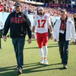 Kansas City Chiefs quarterback Gardner Minshew (17) leaves the field during the second quarter against the Tennessee Titans at Nissan Stadium in Nashville, Tenn., Sunday, Dec. 21, 2025. Minshew suffered a calf injury early in the game.