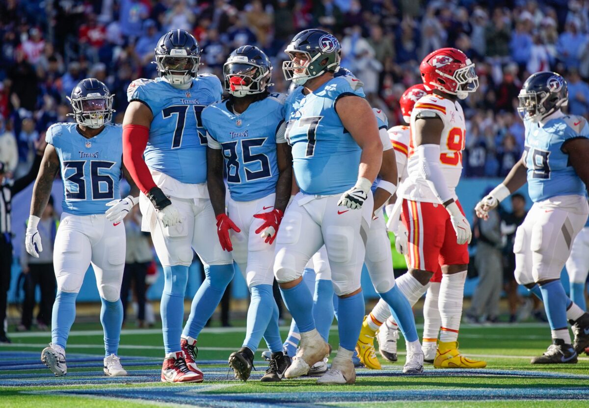 Tennessee Titans tight end Chig Okonkwo (85) celebrates his touchdown during the second quarter against the Kansas City Chiefs at Nissan Stadium in Nashville, Tenn., Sunday, Dec. 21, 2025.