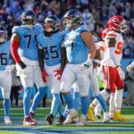 Tennessee Titans tight end Chig Okonkwo (85) celebrates his touchdown during the second quarter against the Kansas City Chiefs at Nissan Stadium in Nashville, Tenn., Sunday, Dec. 21, 2025.