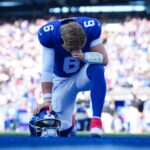 NFL Draft 2026 New York Giants quarterback Jaxson Dart (6) kneels in the end zone before a game against the Minnesota Vikings at MetLife Stadium, Dec 21, 2025, East Rutherford, NJ, USA