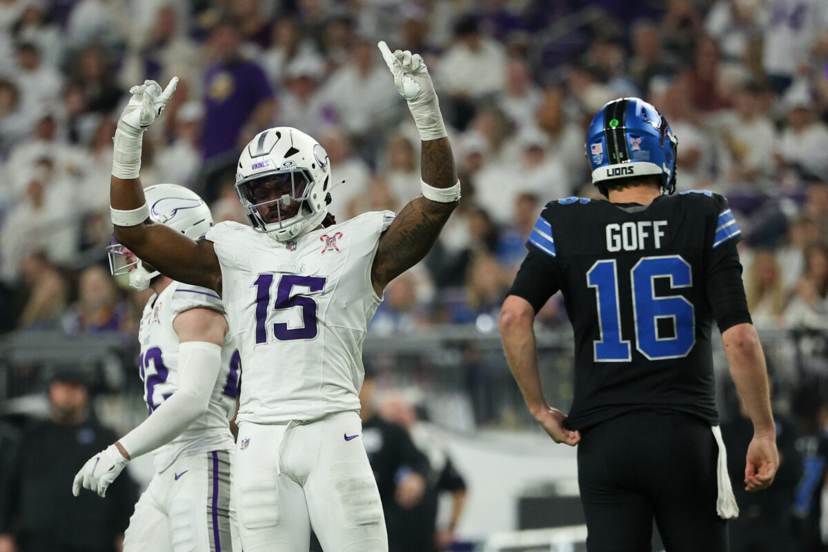 Dec 25, 2025; Minneapolis, Minnesota, USA; Minnesota Vikings linebacker Dallas Turner (15) celebrates after a play as Detroit Lions quarterback Jared Goff (16) reacts in the second half at U.S. Bank Stadium. Mandatory Credit: Matt Krohn-Imagn Images