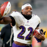 Dec 27, 2025; Green Bay, Wisconsin, USA; Baltimore Ravens running back Derrick Henry (22) celebrates after the game against the Green Bay Packers at Lambeau Field. Mandatory Credit: Kayla Wolf-Imagn Images