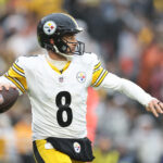 Dec 28, 2025; Cleveland, Ohio, USA; Pittsburgh Steelers quarterback Aaron Rodgers (8) looks to throw in the first quarter against the Cleveland Browns at Huntington Bank Field. Mandatory Credit: Scott Galvin-Imagn Images