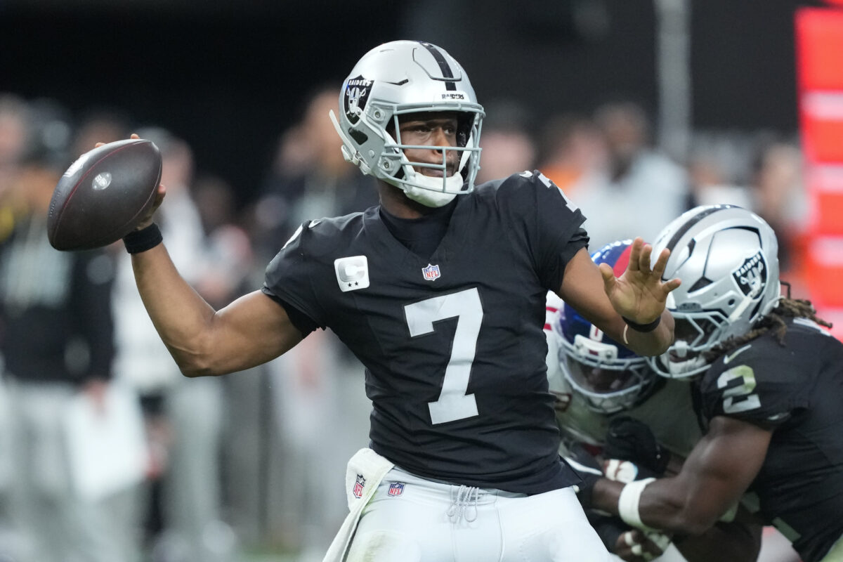 NFL Draft 2026 Dec 28, 2025; Paradise, Nevada, USA; Las Vegas Raiders quarterback Geno Smith (7) throws in the third quarter against the New York Giants at Allegiant Stadium. Mandatory Credit: Kirby Lee-Imagn Images