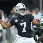 NFL Draft 2026 Dec 28, 2025; Paradise, Nevada, USA; Las Vegas Raiders quarterback Geno Smith (7) throws in the third quarter against the New York Giants at Allegiant Stadium. Mandatory Credit: Kirby Lee-Imagn Images