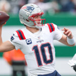 Dec 28, 2025; East Rutherford, New Jersey, USA; New England Patriots quarterback Drake Maye (10) throws a pass against the New York Jets during the first half at MetLife Stadium. Mandatory Credit: Vincent Carchietta-Imagn Images