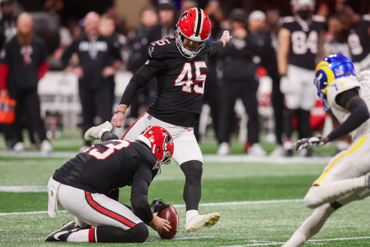 Dec 29, 2025; Atlanta, Georgia, USA; Atlanta Falcons place kicker Zane Gonzalez (45) kicks the go-ahead field goal against the Los Angeles Rams in the fourth quarter at Mercedes-Benz Stadium. Mandatory Credit: Brett Davis-Imagn Images