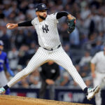 Oct 8, 2025; Bronx, New York, USA; New York Yankees pitcher Devin Williams (38) pitches during the seventh inning against the Toronto Blue Jays during game four of the ALDS round for the 2025 MLB playoffs at Yankee Stadium.