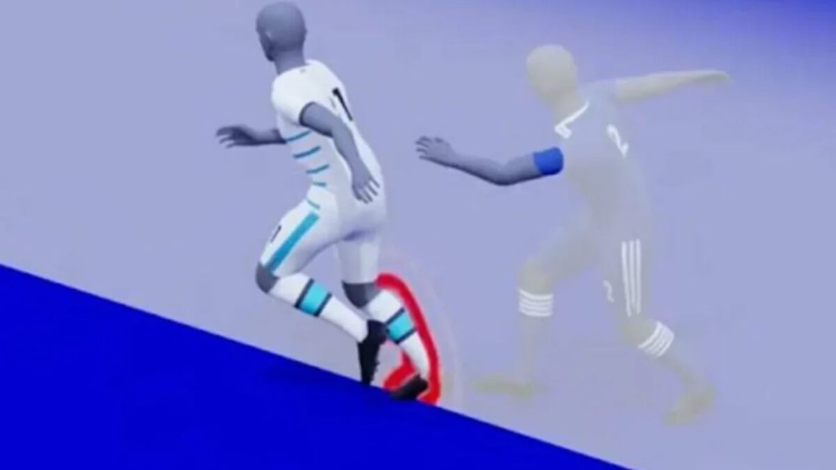 Lance entre dois jogadores envolvendo o impedimento semi-automático, já utlizado nas principais competições da FIFA
