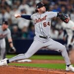 Detroit Tigers pitcher Kyle Finnegan (64) throws against Seattle Mariners during the seventh inning during ALDS Game 5 at T-Mobile Park in Seattle on Friday, Oct. 10, 2025.
