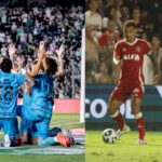 Jogadores do Santos agradecendo ao céu no jogo contra o Juventude (esquerda) - Alan Patrick com a bola em São Paulo x Internacional (direita)