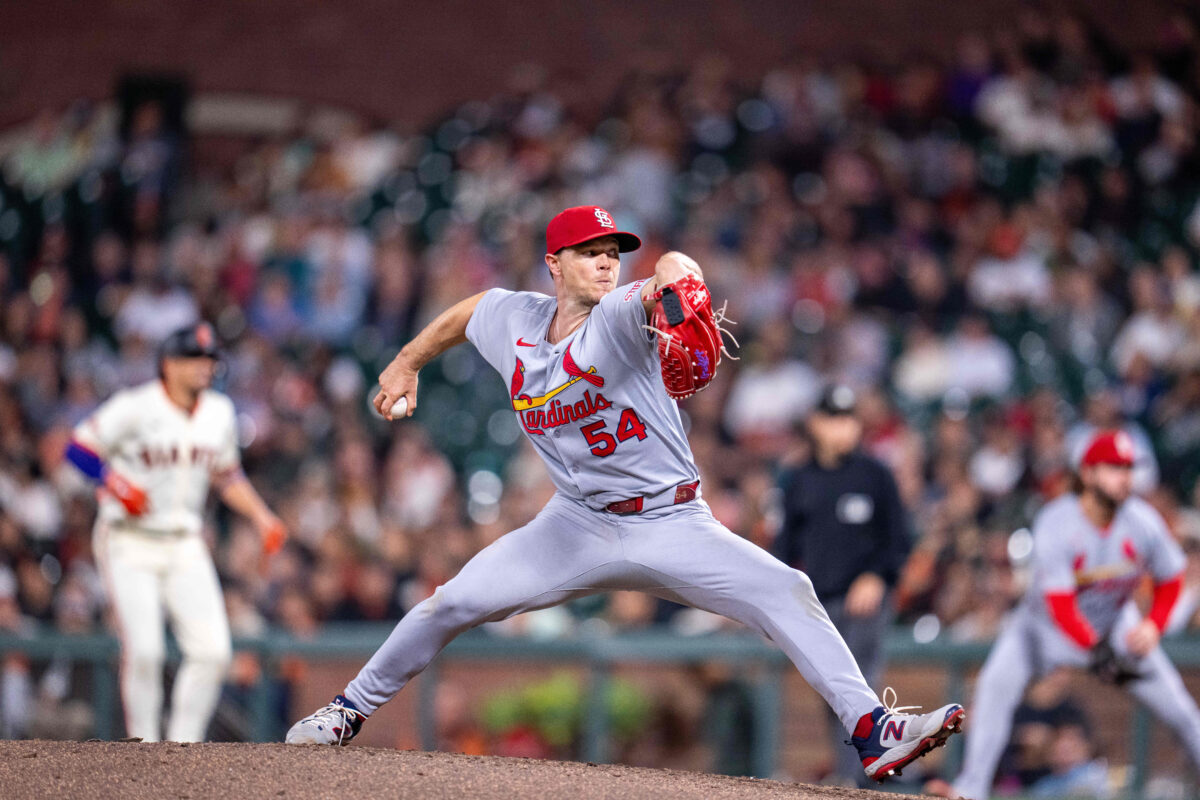 Sep 24, 2025; San Francisco, California, USA; St. Louis Cardinals starting pitcher Sonny Gray (54) strikes out San Francisco Giants first baseman Bryce Eldridge (not pictured) for his two hundredth strike out for the season during the fifth inning at Oracle Park.