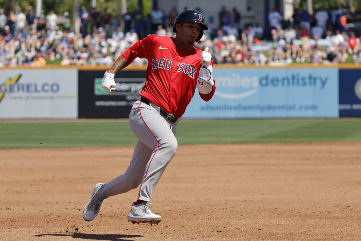 Mar 13, 2025; Port St. Lucie, Florida, USA; Boston Red Sox second base Vaughn Grissom (5) rounds third base and scores during the second inning against the New York Mets at Clover Park.