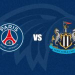 Escudos de PSG (esquerda) e Newcastle (direita) com um "VS" no meio - os times se enfrentam pela Champions League nesta quarta-feira (28)