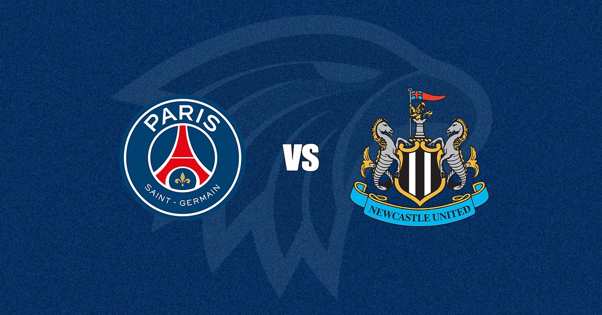 Escudos de PSG (esquerda) e Newcastle (direita) com um "VS" no meio - os times se enfrentam pela Champions League nesta quarta-feira (28)