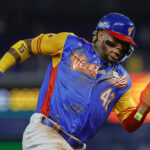 Mar 14, 2023; Miami, Florida, USA; Venezuela center fielder Ronald Acuna Jr. (42) runs toward home plate during the fourth inning against Nicaragua at LoanDepot Park. Mandatory Credit: Sam Navarro-USA TODAY Sports
