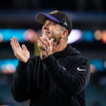 Giants Dec 17, 2023; Jacksonville, Florida, USA; Baltimore Ravens head coach John Harbaugh reacts after the game against the Jacksonville Jaguars at EverBank Stadium. Mandatory Credit: Jeremy Reper-USA TODAY Sports