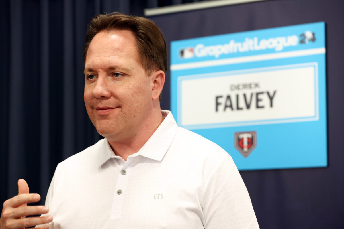 Feb 15, 2024; Tampa, FL, USA; Minnesota Twins president of baseball operations Derek Falvey talks with media at George M. Steinbrenner Field. Mandatory Credit: Kim Klement Neitzel-USA TODAY Sports
