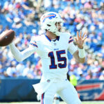 Aug 24, 2024; Orchard Park, New York, USA; Buffalo Bills quarterback Ben DiNucci (15) throws a pass in the second quarter pre-season game against the Carolina Panthers at Highmark Stadium. Mandatory Credit: Mark Konezny-USA TODAY Sports