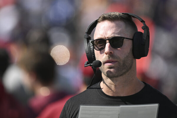 Oct 13, 2024; Baltimore, Maryland, USA; Washington Commanders offensive coordinator Kliff Kingsbury on the sidelines during the first half against the Baltimore Ravens at M&T Bank Stadium. Mandatory Credit: Tommy Gilligan-Imagn Images