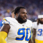 Oct 21, 2024; Glendale, Arizona, USA; Los Angeles Chargers defensive tackle Teair Tart (90) against the Arizona Cardinals at State Farm Stadium. Mandatory Credit: Mark J. Rebilas-Imagn Images