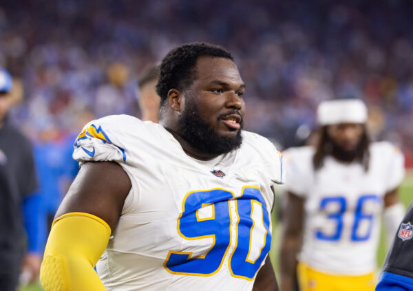 Oct 21, 2024; Glendale, Arizona, USA; Los Angeles Chargers defensive tackle Teair Tart (90) against the Arizona Cardinals at State Farm Stadium. Mandatory Credit: Mark J. Rebilas-Imagn Images