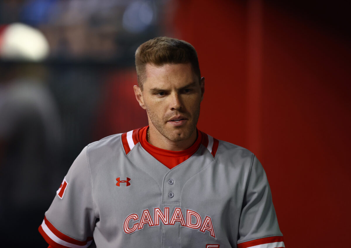 Mar 13, 2023; Phoenix, Arizona, USA; Canada first baseman Freddie Freeman against USA during the World Baseball Classic at Chase Field. Mandatory Credit: Mark J. Rebilas-USA TODAY Sports
