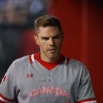 Mar 13, 2023; Phoenix, Arizona, USA; Canada first baseman Freddie Freeman against USA during the World Baseball Classic at Chase Field. Mandatory Credit: Mark J. Rebilas-USA TODAY Sports