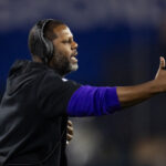 Jan 13, 2025; Glendale, AZ, USA; Minnesota Vikings defensive backs coach Daronte Jones against the Los Angeles Rams during an NFC wild card game at State Farm Stadium. Mandatory Credit: Mark J. Rebilas-Imagn Images