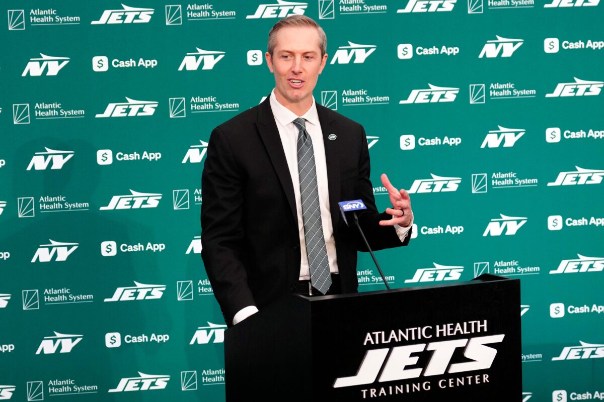 Darren Mougey speaks during a press conference where he was introduced as the new general manager of the New York Jets, at the Atlantic Health Jets Training Center, Monday, January 27, 2025, in Florham Park.