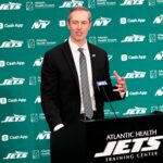 Darren Mougey speaks during a press conference where he was introduced as the new general manager of the New York Jets, at the Atlantic Health Jets Training Center, Monday, January 27, 2025, in Florham Park.