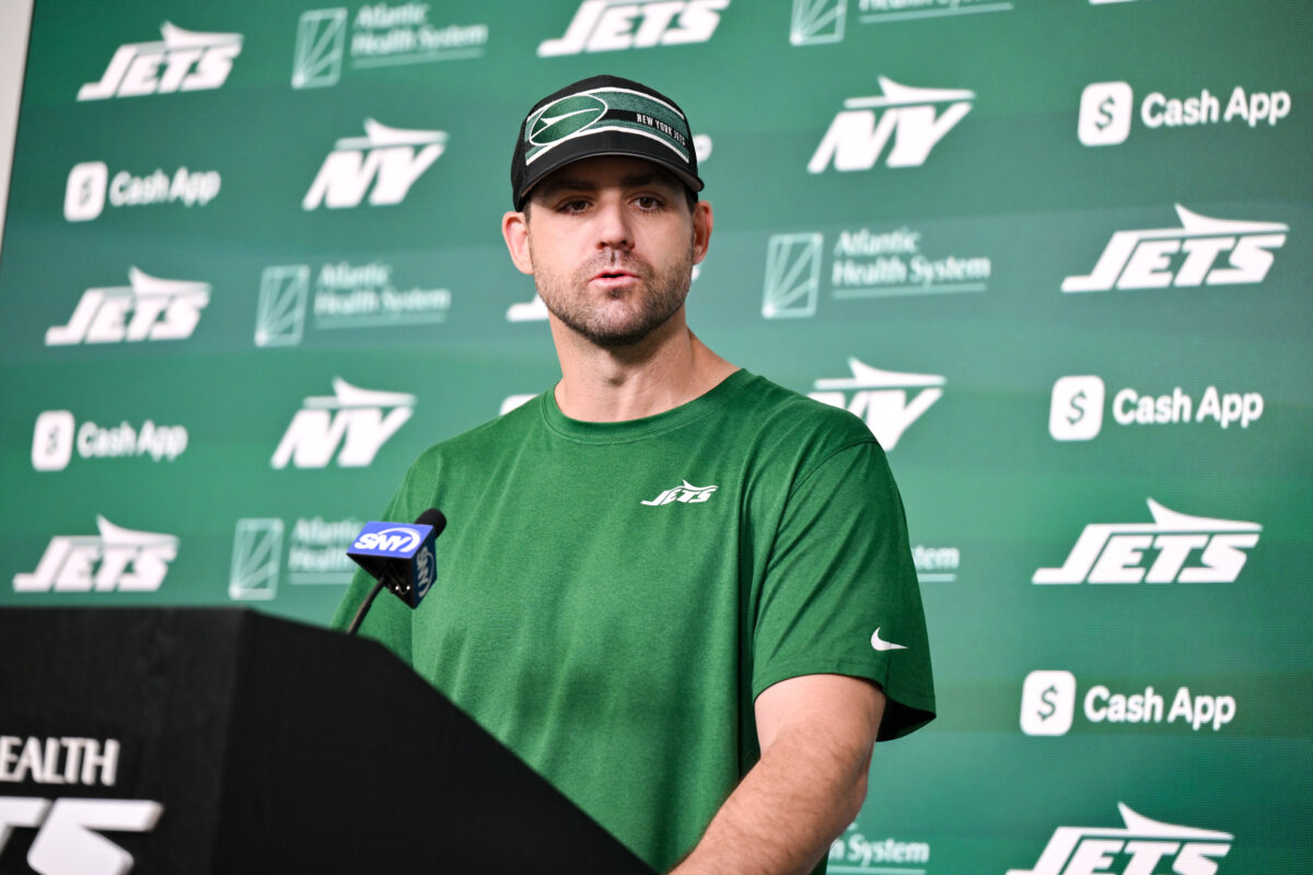 Jun 11, 2025; Florham Park, NY, USA; New York Jets offensive coordinator Tanner Engstrand speaks at a press conference during minicamp at Atlantic Health Jets Training Center. Mandatory Credit: John Jones-Imagn Images