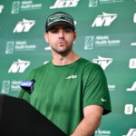 Jun 11, 2025; Florham Park, NY, USA; New York Jets offensive coordinator Tanner Engstrand speaks at a press conference during minicamp at Atlantic Health Jets Training Center. Mandatory Credit: John Jones-Imagn Images