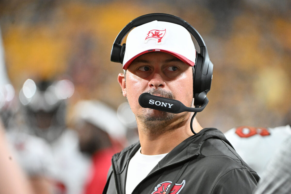 Aug 16, 2025; Pittsburgh, Pennsylvania, USA; Tampa Bay Buccaneers offensive coordinator Josh Grizzard watches the action against the Pittsburgh Steelers during the second half at Acrisure Stadium. Mandatory Credit: Barry Reeger-Imagn Images