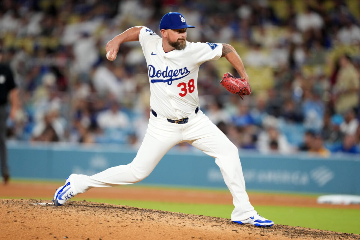 Aug 29, 2025; Los Angeles, California, USA; Los Angeles Dodgers relief pitcher Kirby Yates (38) throws in the eighth inning against the Arizona Diamondbacks at Dodger Stadium. Mandatory Credit: Kirby Lee-Imagn Images