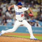 Aug 29, 2025; Los Angeles, California, USA; Los Angeles Dodgers relief pitcher Kirby Yates (38) throws in the eighth inning against the Arizona Diamondbacks at Dodger Stadium. Mandatory Credit: Kirby Lee-Imagn Images