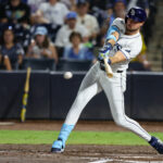 Sep 4, 2025; Tampa, Florida, USA; Tampa Bay Rays outfielder Josh Lowe (15) hits into a fielders choice rbi against the Cleveland Guardians in the sixth inning at George M. Steinbrenner Field. Mandatory Credit: Nathan Ray Seebeck-Imagn Images